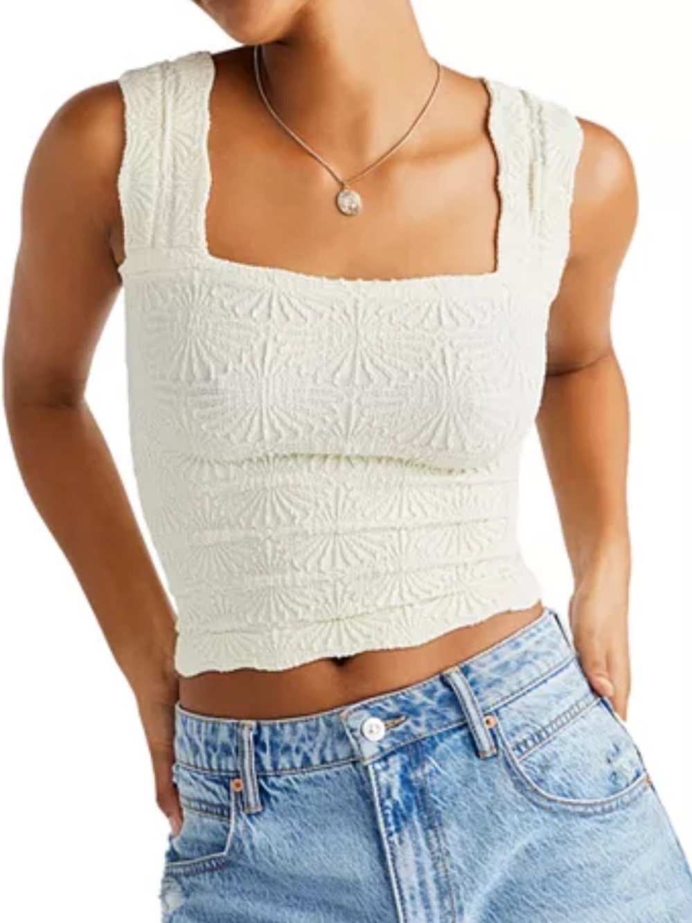 FREE PEOPLE Cream Textured Square-Neck Tank Top